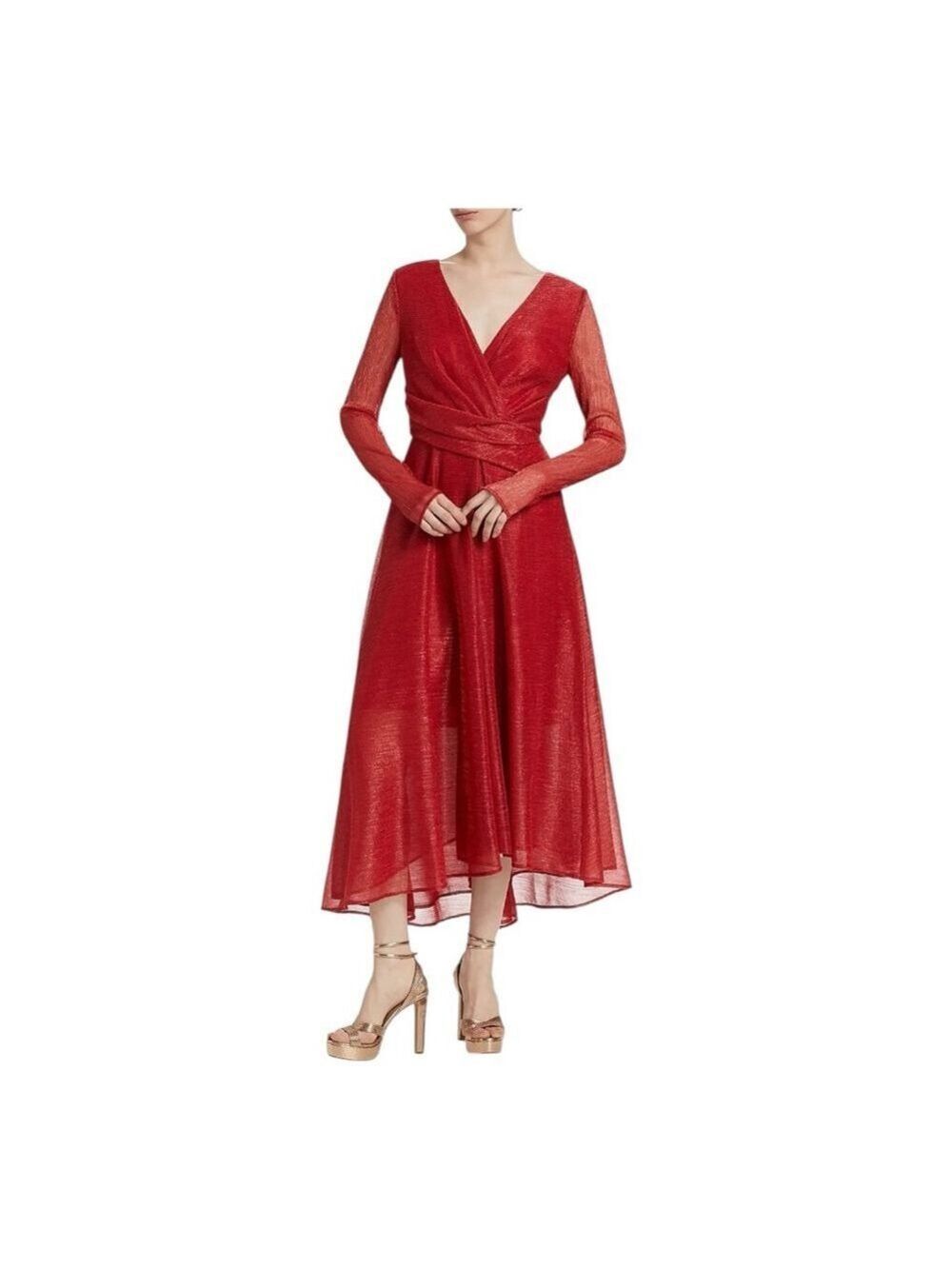 Women's Talbot Runhof Red Metallic Voile Long Sleeve Midi Dress Size 6 (36)